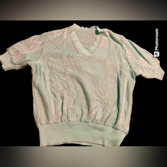 Sweaters - Vintage 80s mint green and silver threading open knit sweater Medium V-Neck